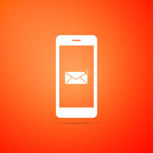 接收到的消息概念。在橙色背景上隔离的智能手机屏幕图标上的新电子邮件通知。手机屏幕上的新消息。邮件递送服务。扁平设计。矢量插图