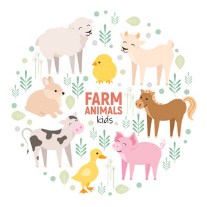 可爱的农场动物牛, 猪, 羊肉, 驴, 兔子, 小鸡, 马, 山羊, 鸭孤立。家畜孩子设置在圆的构成向量例证