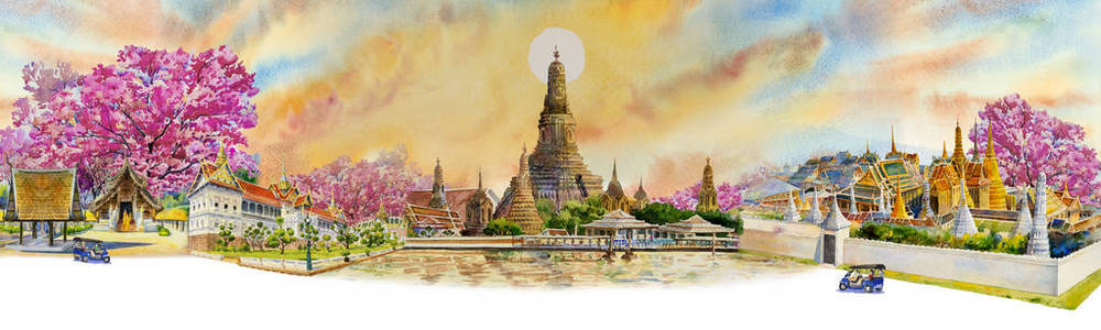 全景观泰国著名地标曼谷和。水彩画景观的旅游位置美丽的天空和阳光背景。亚洲的彩绘插图地标。