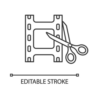 视频编辑软件线性图标。 电影制作。 细线插图。 视频剪辑。 带剪刀的薄膜条纹。 轮廓符号。 矢量孤立轮廓绘制。 可编辑行程