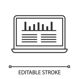 社交媒体分析线性图标。 网络流量分析。 细线插图。 网站排名。 SMMSEO统计。 营销分析。 轮廓矢量孤立轮廓绘制。 可编辑行