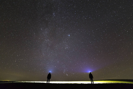 在美丽的深蓝色夏季星空下，两个人在绿草如茵的田野上带着手电筒的背影。 夜间摄影美的自然概念。 广角镜头复制空间背景。