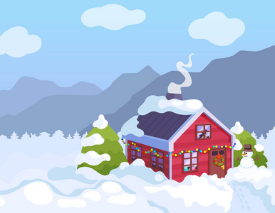 冬天的背景，房子和雪人和灯光日光。 山里的圣诞屋。 冬日插图。 圣诞山地景观。
