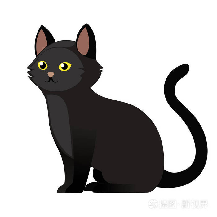 坐着黑色的猫,眼睛是黄色的. 可爱的家畜. 卡通人物设计.