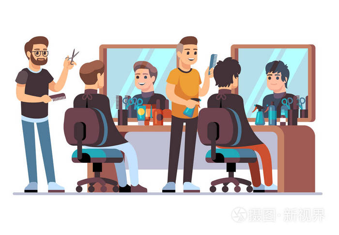 插画 和客户一起的理发师理发师在理发店内部做男性时尚的发型与镜子.