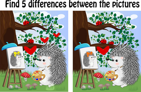 s educational game. Hedgehog artist paints in the woods on the e