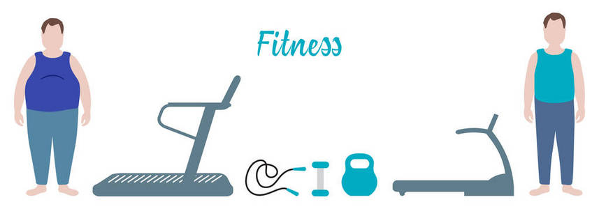 健身和运动的时间。 健康的生活方式。 参与运动的男人。 减肥。 运动设备跑步机，跳绳针，哑铃，水壶。