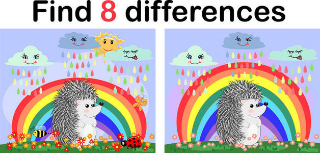 s educational game. Hedgehogs on a sunny glade near the rainbow