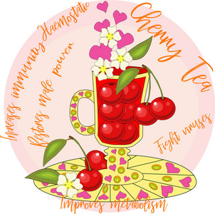 樱桃茶。 用爱煮的茶。 一个高大的玻璃杯，用来盛满樱桃浆果叶子和花的覆盖葡萄酒