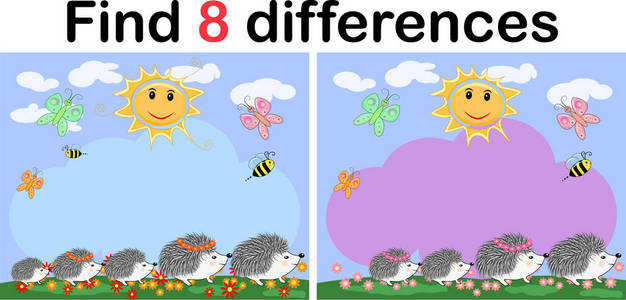 s educational game. Hedgehogs on a sunny glade near the rainbow