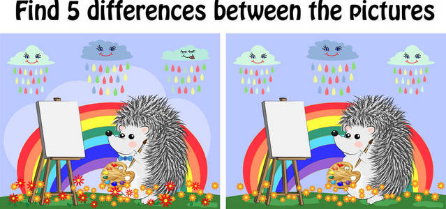 s educational game. A hedgehog artist on a clearing with a rainb