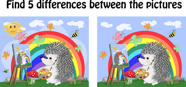 s educational game. A hedgehog artist on a clearing with a rainb