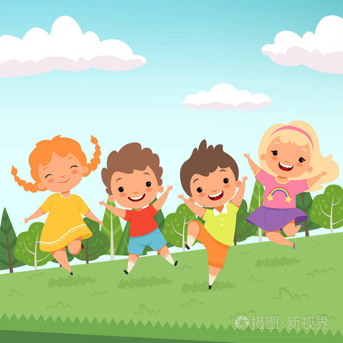 引发方跳字符.可爱的快乐孩子跳和玩操场或城市公园向量卡通人物隔绝