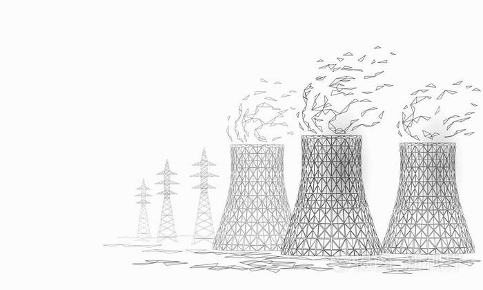 核电站冷却塔低聚.3d 呈现生态污染拯救地球环境概念三角多边形.