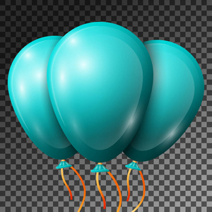 现实的绿松石气球与丝带隔离在透明的背景。有光泽的五颜六色的有光泽的气球的向量例证为生日党