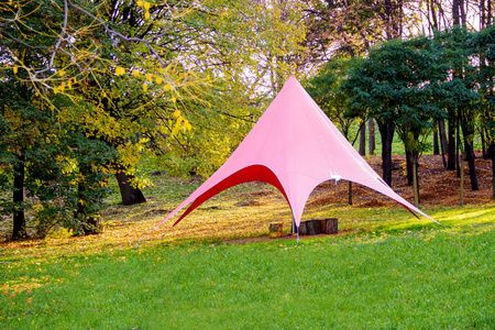 阳光明媚的日子里, 在树林里绿草上的粉红色帐篷