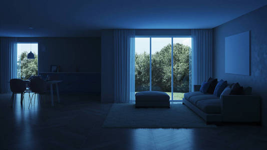 现代住宅内部。 蓝色厨房。 晚安。 晚上的灯光。 三维渲染。