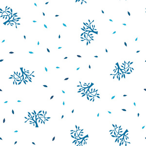 浅蓝矢量无缝涂鸦背景与叶子，树枝。用树叶树枝模糊的风格创作插图。时尚面料壁纸图案。