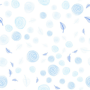 浅蓝矢量无缝自然背景与树叶和花朵。白色背景上的素描涂鸦。设计为壁纸，面料制造者。