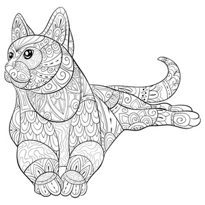 成人着色书页，一个可爱的猫形象，以放松。Zen艺术风格插图为印刷。海报设计。