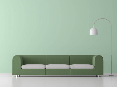 最小风格的客厅3D渲染有白色落地灯绿色空墙装饰与不锈钢灯装饰与绿色织物沙发。