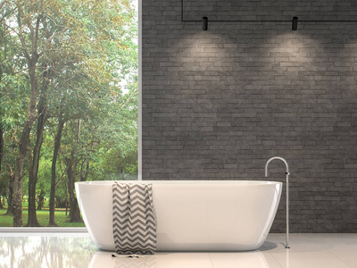 现代浴室3D渲染有灰色的石头砖墙和白色瓷砖地板，房间有大窗户。 眺望花园的景色。