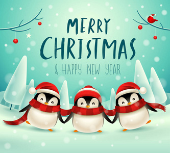 可爱的小企鹅在圣诞节雪景冬季景观。 圣诞可爱的动物卡通人物。