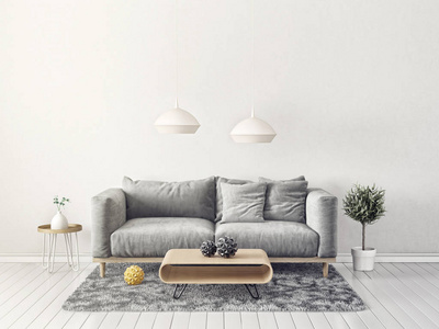 现代客厅有沙发和灯。 斯堪的纳维亚室内设计家具。 三维渲染图