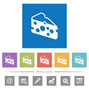 切片奶酪平面白色图标在方形背景。 包括6个奖金图标。