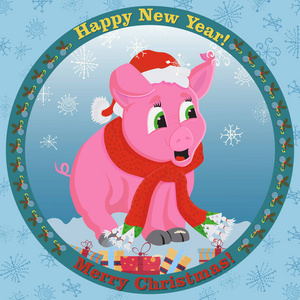 圣诞老人帽子上的一只粉红色小猪和脖子上的围巾的矢量插图，象征着2019年中国日历明信片设计的网络印刷