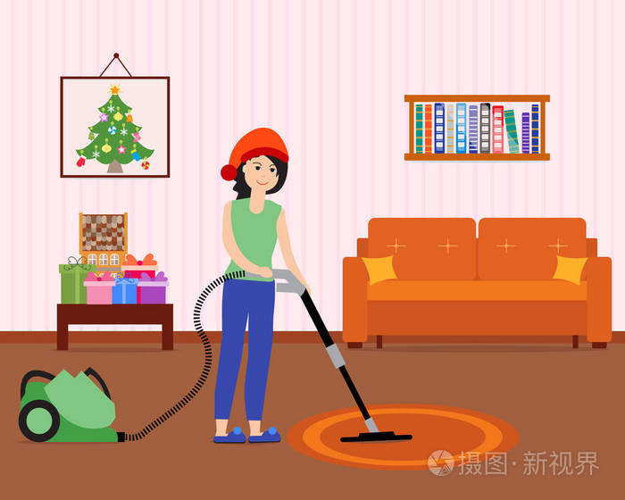 新年快乐2019和圣诞矢量插图. 女孩为假期打扫和装饰房间.