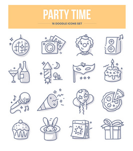派对和假期相关涂鸦图标。 网站及印刷资料庆祝活动矢量插图