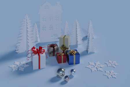 以自制纸工艺品和蓝色背景为背景的带有礼物的圣诞玩具