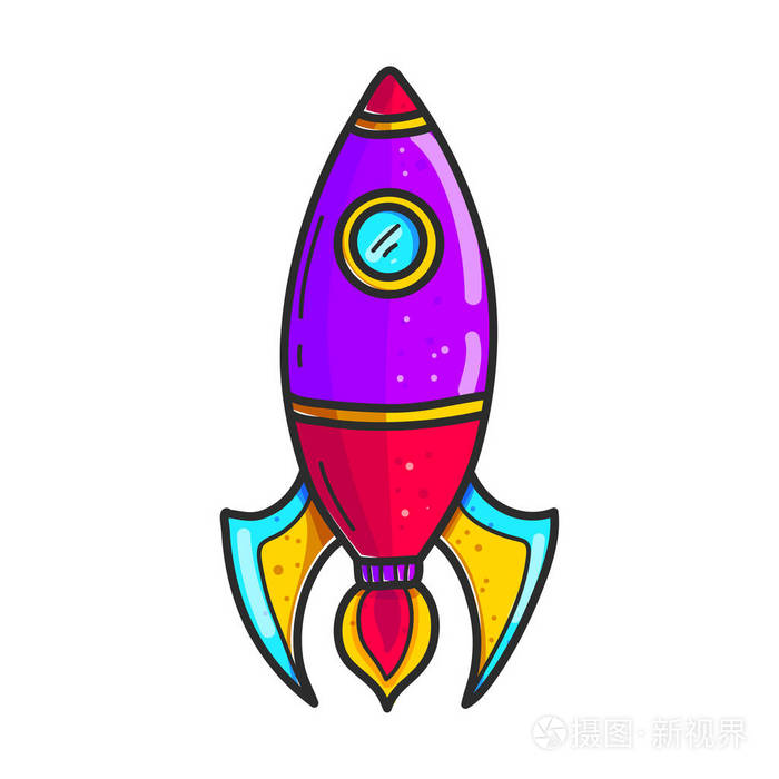 卡通火箭手绘彩色图标. 可爱的航天飞机剪贴画. 涂鸦宇宙飞船.