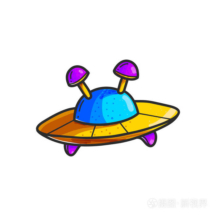 卡通飞碟手绘彩色插图 可爱的不明飞行物 航天飞机夹子.