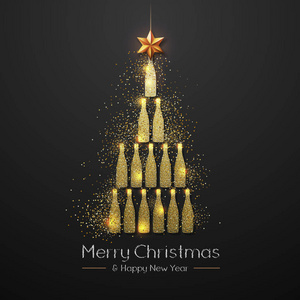 带有金色香槟瓶的圣诞海报。 黑色背景的金色圣诞树