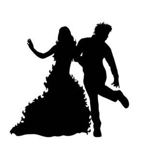 在白色背景下跳舞的夫妇的矢量剪影。