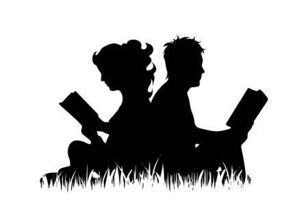 矢量轮廓的夫妇谁读书在草地上的白色背景。