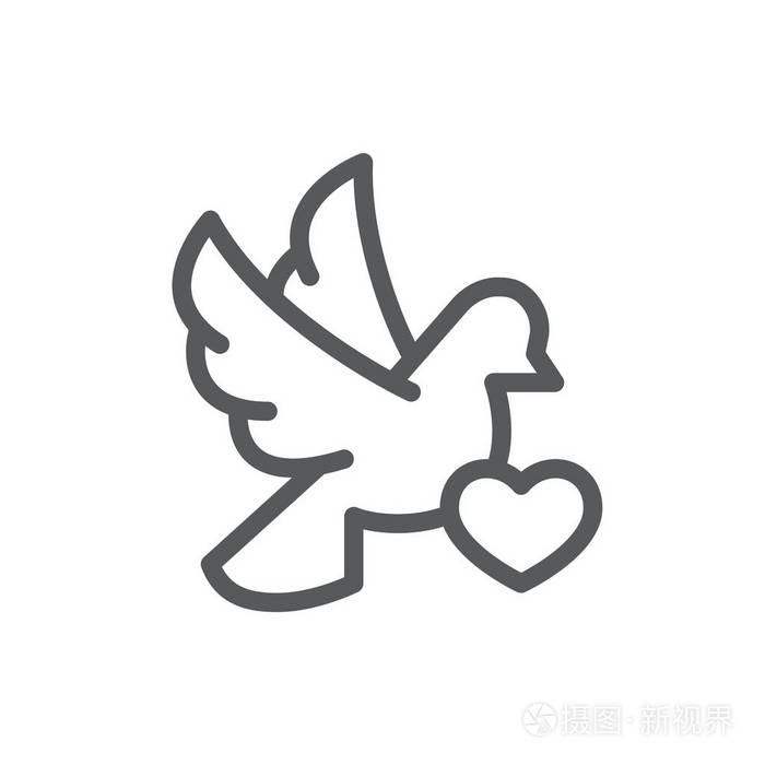 飞鸽与心卡线图标与可编辑笔画像素完美轮廓符号的浪漫鸟举行祝贺情人
