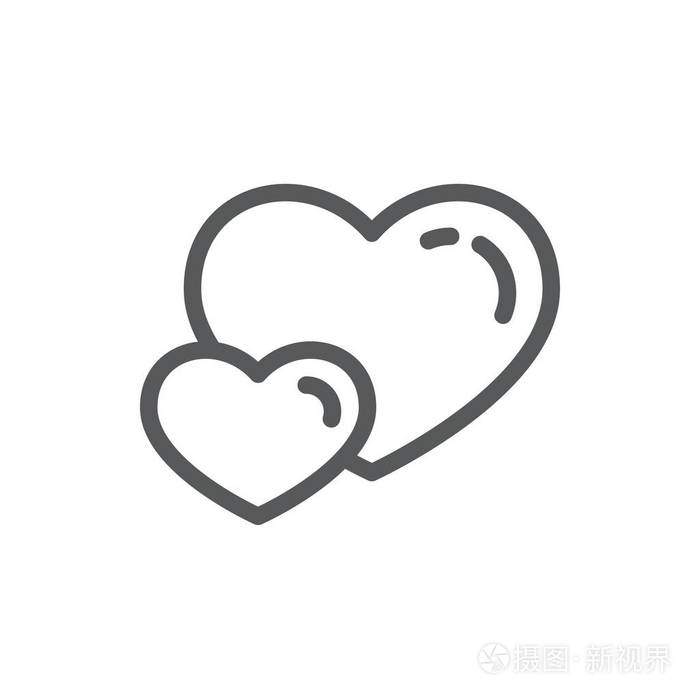 两个心线图标与可编辑笔画轮廓浪漫符号的两个心脏形状在矢量插图情人
