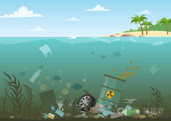 海底充满危险废物的海水的矢量说明生态水污染概念水中的垃圾扁平的