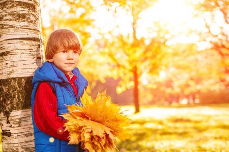 秋天公园的孩子。 带着落叶的快乐可爱的男孩。 童年家庭和孩子的概念在户外笑。