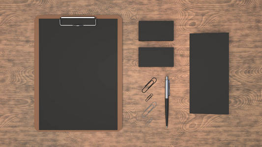 木桌上用黑色卡纸，名片，三折传单，回形针和自动圆珠笔的剪贴板..品牌模型。3D染插图..