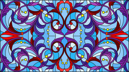 彩色玻璃风格的插图，抽象的花叶和蓝色背景上的卷发，水平方向
