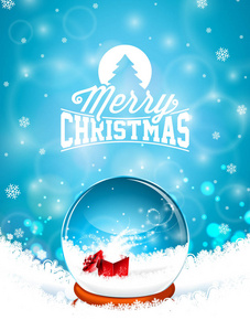 圣诞快乐的插图与雪球和雪花在冬季景观背景。贺卡派对邀请或促销横幅的矢量假日设计