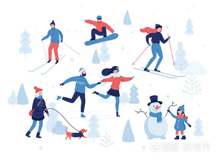 滑雪,滑冰,滑雪板,滑雪板,女孩遛狗, 女孩做一个可爱的雪人, 卡通人物