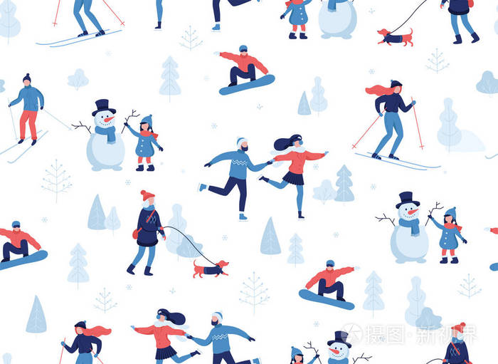 在公园里进行冬季活动的人 滑雪 滑冰 滑雪板 女孩遛狗 女孩做一