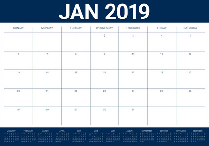 2019年1月办公桌日历矢量插图简单干净的设计。