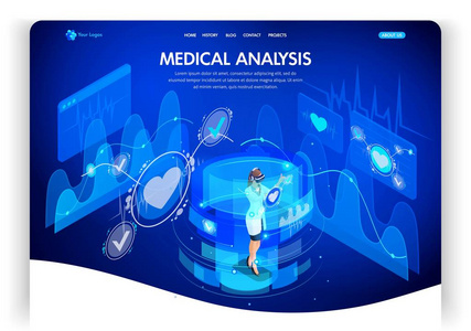网站模板设计。等对概念的医学分析, 医生在虚拟屏幕上工作。网页设计登录页面。易于编辑和自定义