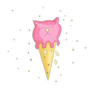 有趣的卡通冰淇淋插图。在猫风格的冰淇淋, 与耳朵和眼睛, 有趣的卡通粉红色冰淇淋勺子在圆锥与飞溅。神奇有趣的卡通女孩时尚图标。魔